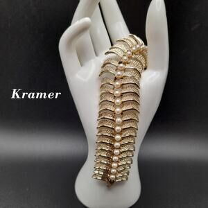 Vintage Kramer Wide Bracelet, Faux Pearls, Gold Plated, 1960s Jewelry
